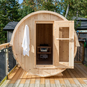 Dundalk Canadian Timber Harmony 4 Person White Cedar Sauna CTC22W - with bronze tempered glass with wooden frame and Heater inside - aluminum bands - flat floor included - solid wood benches  - Vital Hydrotherapy