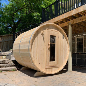 Dundalk Canadian Timber Harmony 4 Person White Cedar Sauna CTC22W - with bronze tempered glass with wooden frame and Heater inside - aluminum bands - flat floor included - solid wood benches  - Outdoor Setting - Vital Hydrotherapy