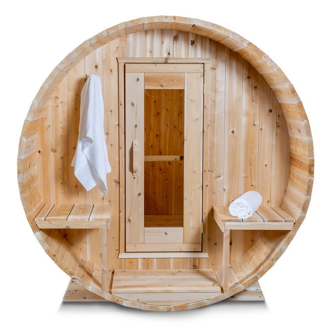 Dundalk Canadian Timber Serenity 2 to 4 person Eastern White Cedar Sauna CTC2245W - with bronze tempered glass with wooden frame - front porch - aluminum bands - sturdy bench - eastern white cedar - flat floor - Vital Hydrotherapy