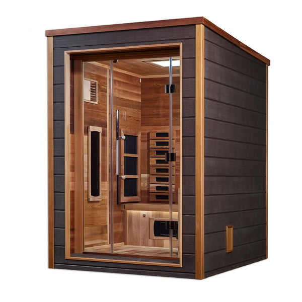 Golden Designs Nora 2 Person Outdoor-Indoor PureTech Hybrid Full Spectrum Sauna Canadian Red Cedar Interior GDI-8222-01