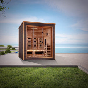 Golden Designs Visby 3 Person Outdoor-Indoor PureTech Hybrid Full Spectrum Sauna Canadian Red Cedar Interior GDI-8223-01