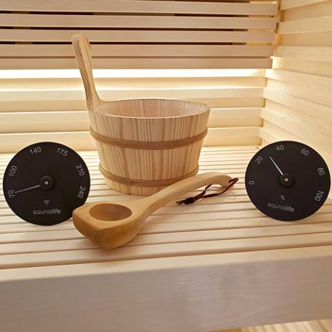 SaunaLife Accessory Package 3 Wooden 1-Gallon Sauna Bucket, Wood Ladle, Thermometer and Hygrometer ACCPKG-3-BK