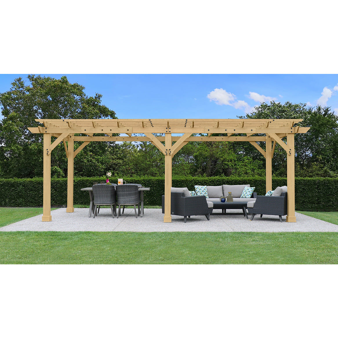 Yardistry 10 x 22 Meridian Pergola YM11932 - Multilevel Pergola With Profiled Beam and Trellis Ends - Architectural Post and Beam Detailing - Posts With Classic Plinths - Unique Gusset Design - Natural Cedar Stain Color - Vital Hydrotherapy