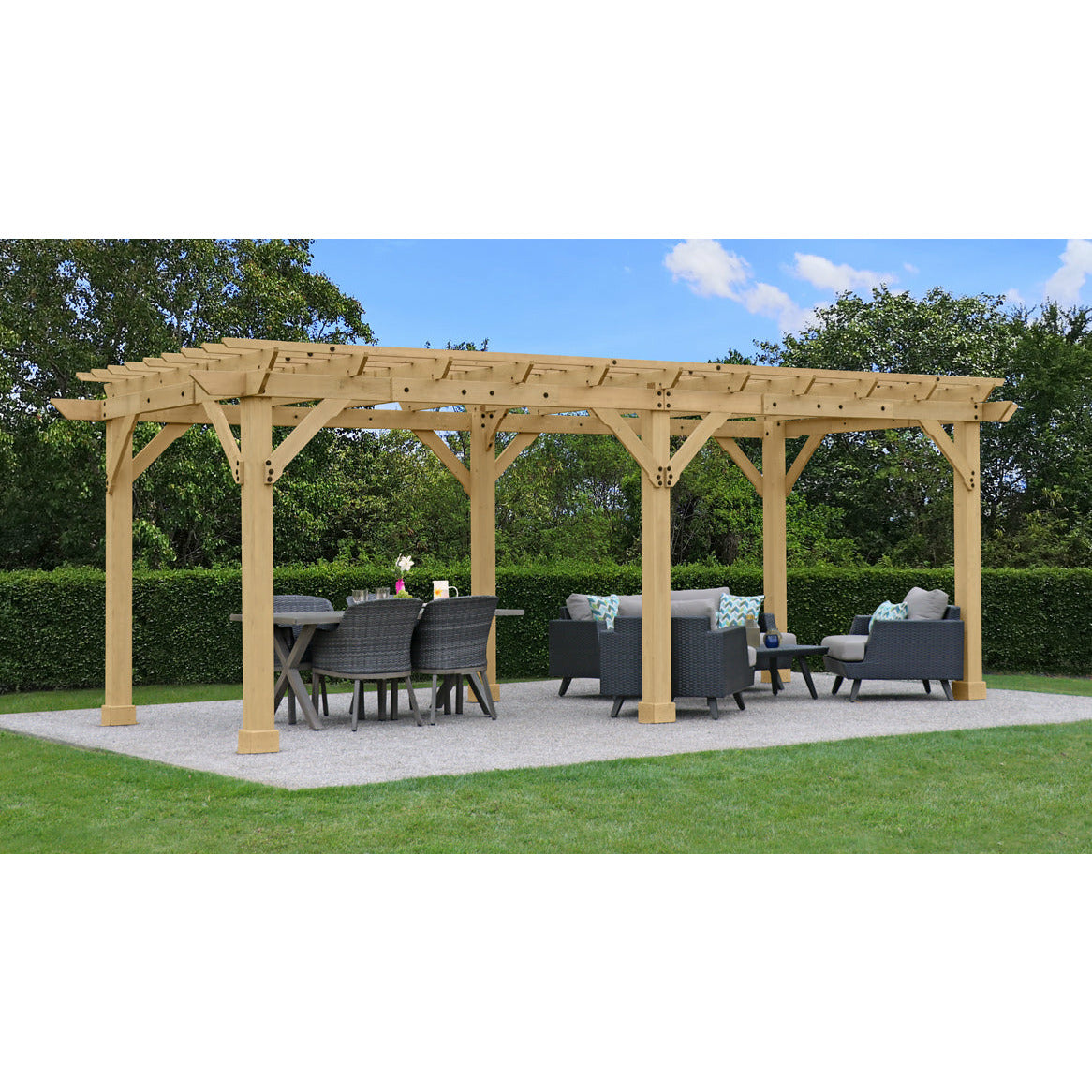 Yardistry 10 x 22 Meridian Pergola YM11932 - Multilevel Pergola With Profiled Beam and Trellis Ends - Architectural Post and Beam Detailing - Posts With Classic Plinths - Unique Gusset Design - Natural Cedar Stain Color - Vital Hydrotherapy