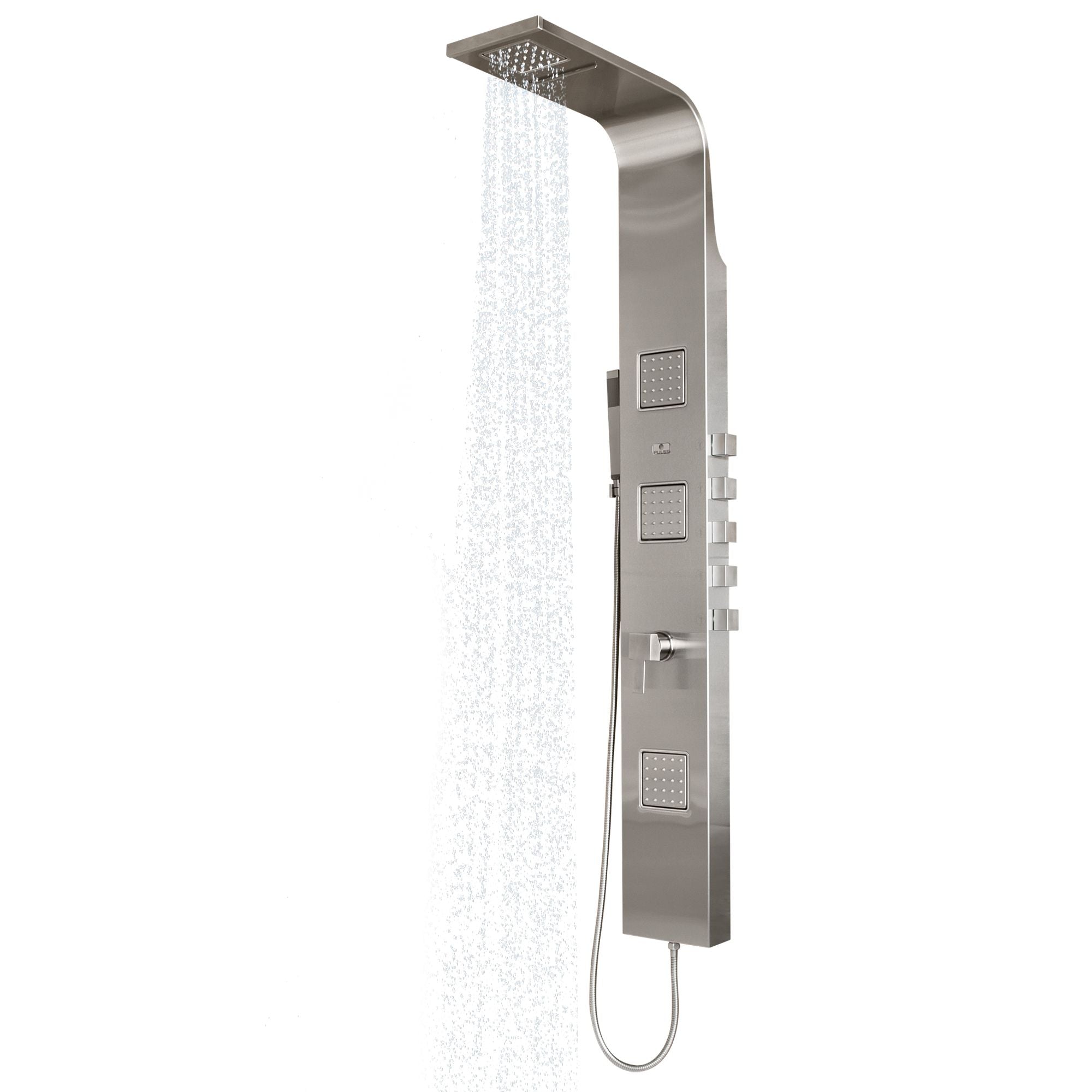 PULSE ShowerSpas Matte Brushed Stainless Steel Shower Panel - Waimea ShowerSpa 1034 - with 6" Waterfall showerhead and 4" rain showerhead, hand shower with 59" double-interlocking stainless steel hose, 3 Extra-large adjustable body jets and Multiple diverters - Vital Hydrotherapy