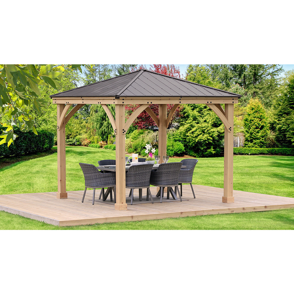 Yardistry 10' x 10' Meridian Gazebo Kit YM11756 - Built using 100% Cedar Lumber - Aluminum Roof - Natural Cedar Stain and Neutral Coffee Brown Roof - Vital Hydrotherapy