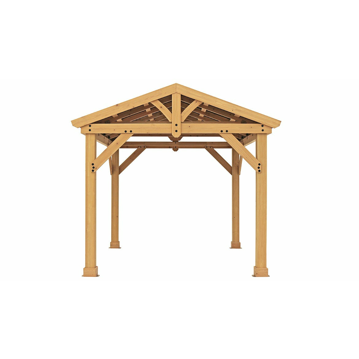 10' x 10' Meridian Pavilion 100% premium Cedar lumber and finished in a Natural Cedar stain with a coffee brown aluminum premium gable roof design and overall dimensions of 10’ L x 9’ 11” W x 9’ 3” H isometric view - Vital Hydrotherapy 