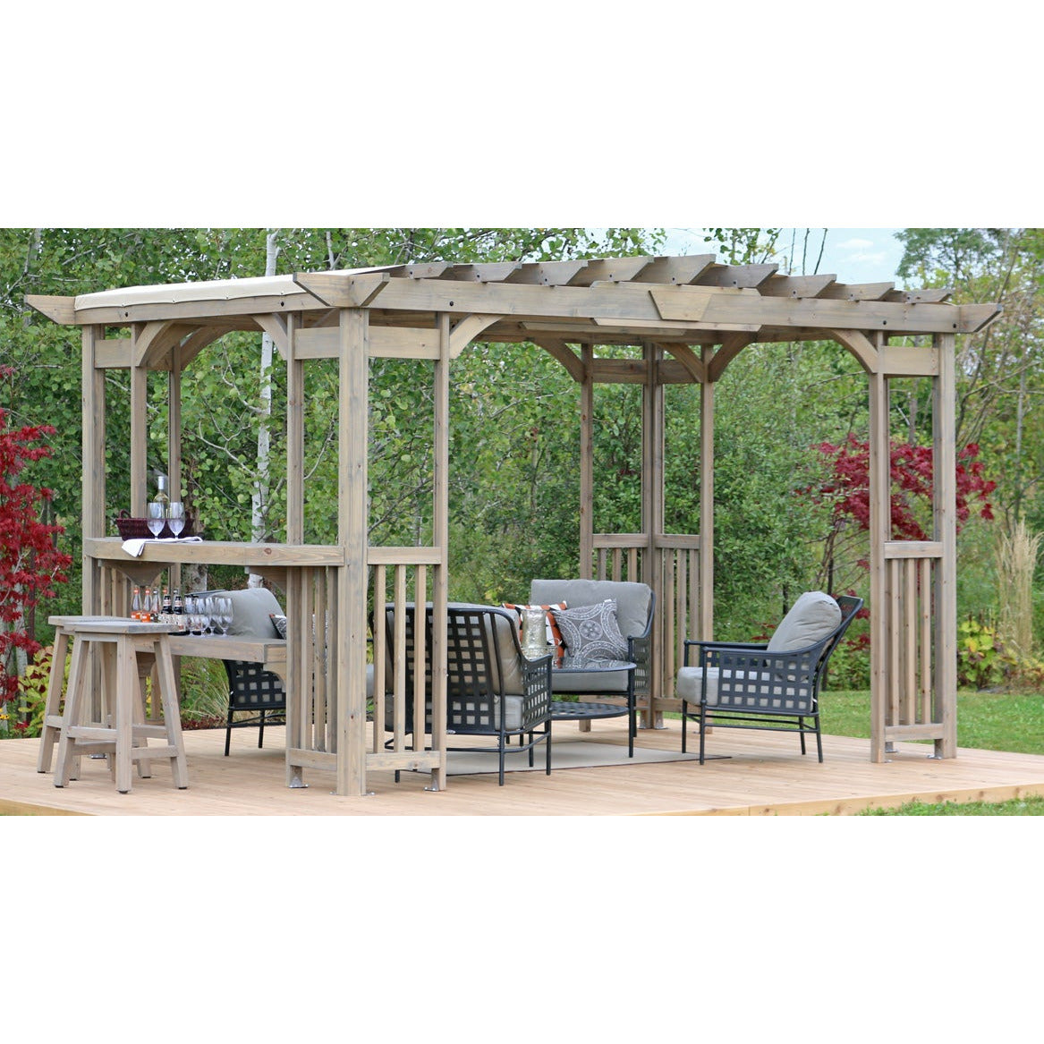 Yardistry 10' x 14' Madison Pergola YM11783 - Premium Cedar Lumber - Removable and Snap-on Sunshade - Premium Corner Design With Wooden Balusters - Bar and Shelf Feature - Pre-cut, Pre-drilled, and Pre-finished - Set In a Garden - Vital Hydrotherapy