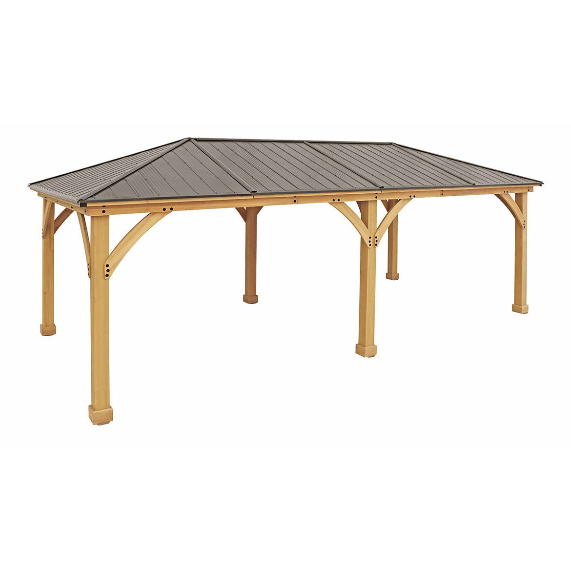 12 x 24 Meridian Gazebo - exterior grade cedar coated in natural cedar-color stain with coffee brown colored aluminum roof, 6” x 6” Posts with classic plinths, Heavy, curved corner gussets in a white background