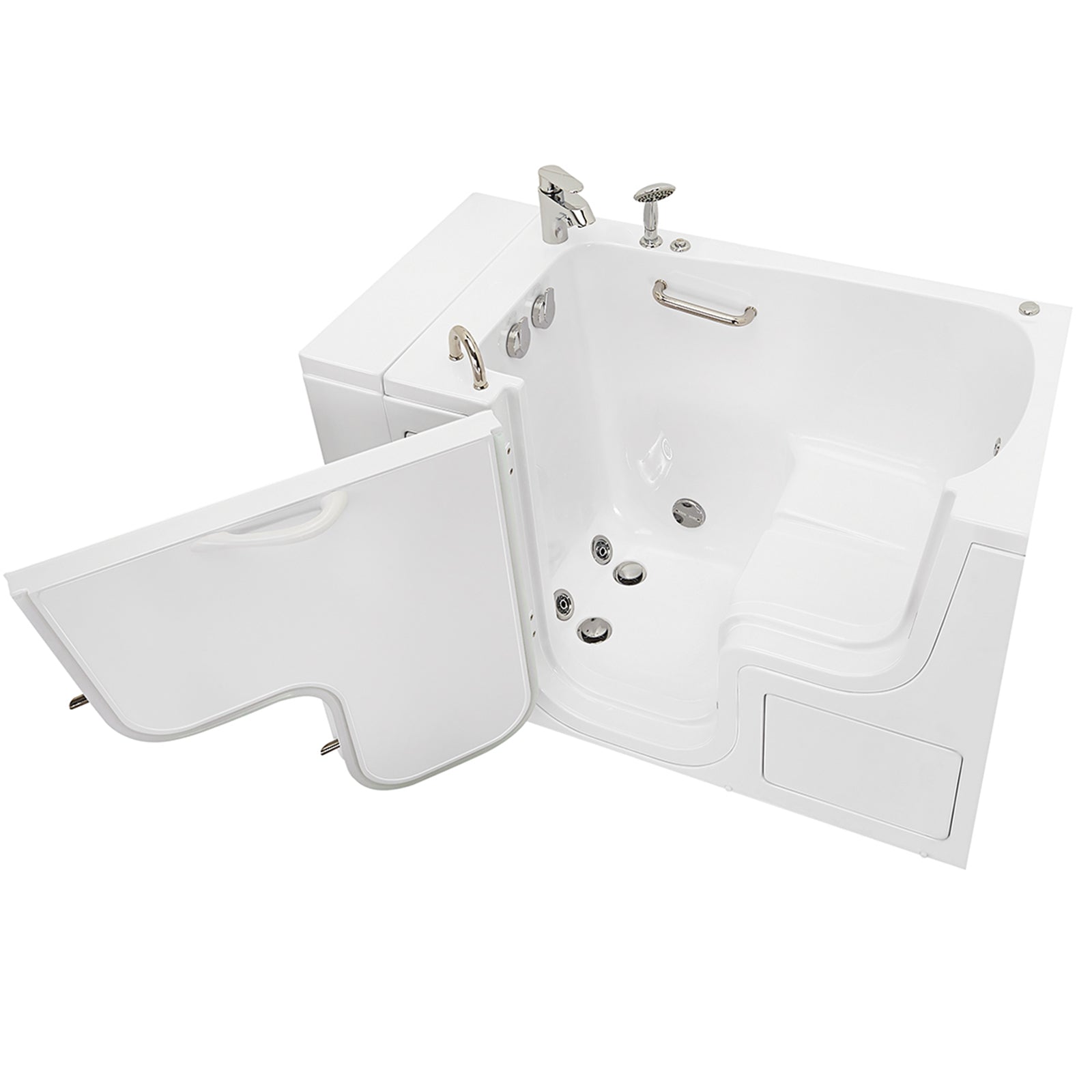 Ella Wheelchair Transfer 32"x52" Acrylic Hydro Massage Walk-In Bathtub with Left Outward Swing Door, 2 Piece Fast Fill Faucet, 2" Dual Drain,  24” wide seat, 2 stainless steel grab bars, L-shape wheelchair transfer outswing door in a white background.