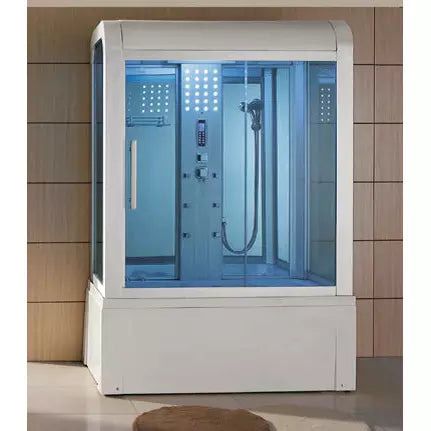 Mesa Yukon WS-501 Gray Steam Shower sleek curves and tinted blue glass with jetted tub, 3KW high output steam engine, 6 acupuncture body jets, adjustable wall-mounted shower wand, and storage shelves