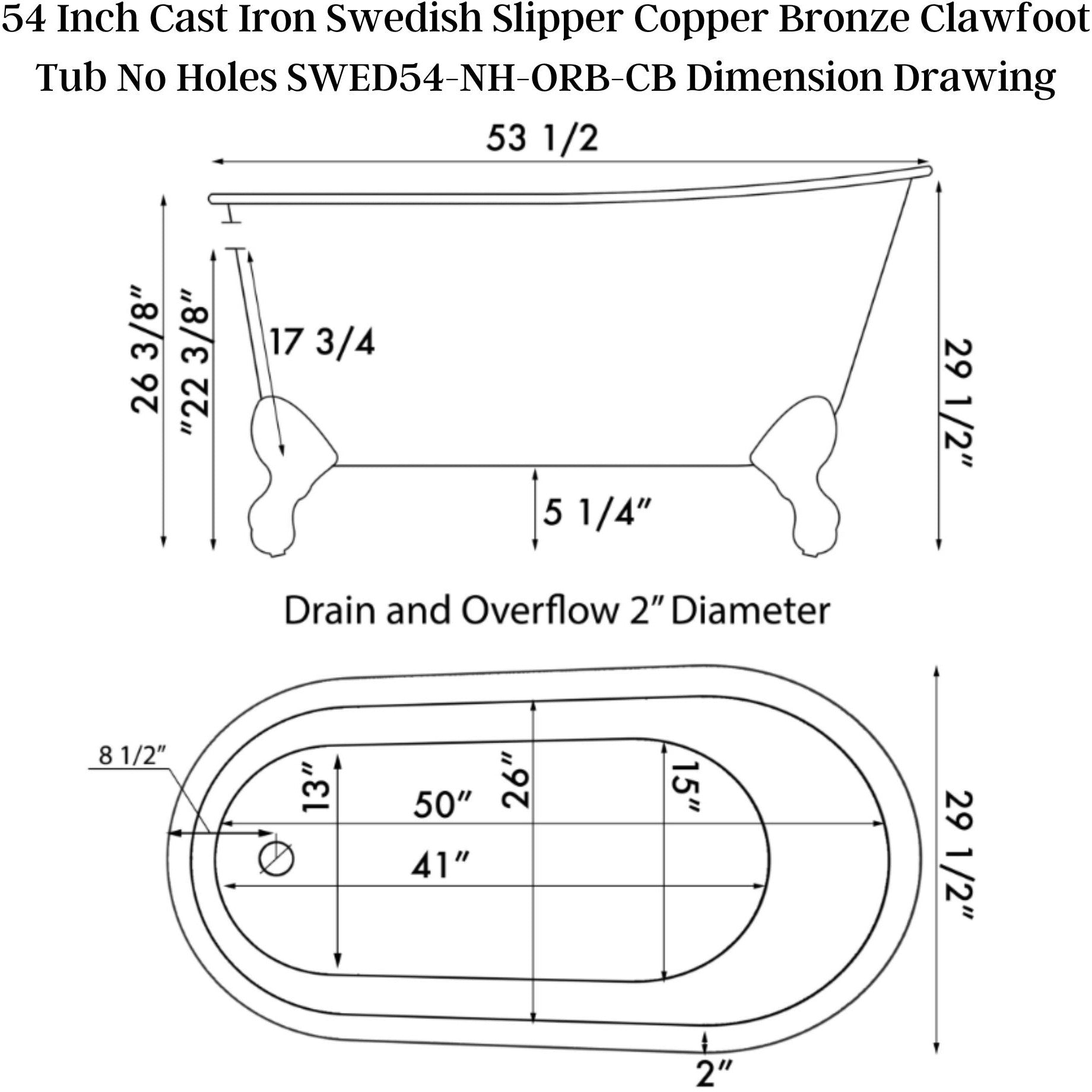 Cambridge Plumbing 54" X 30" Faux Copper Bronze Finish on Exterior Cast Iron Clawfoot Bathtub (Hand Painted Faux Copper Bronze Finish) with Oil Rubbed Bronze Feet and No Faucet Drillings SWED54-NH-ORB-CB - Vital Hydrotherapy