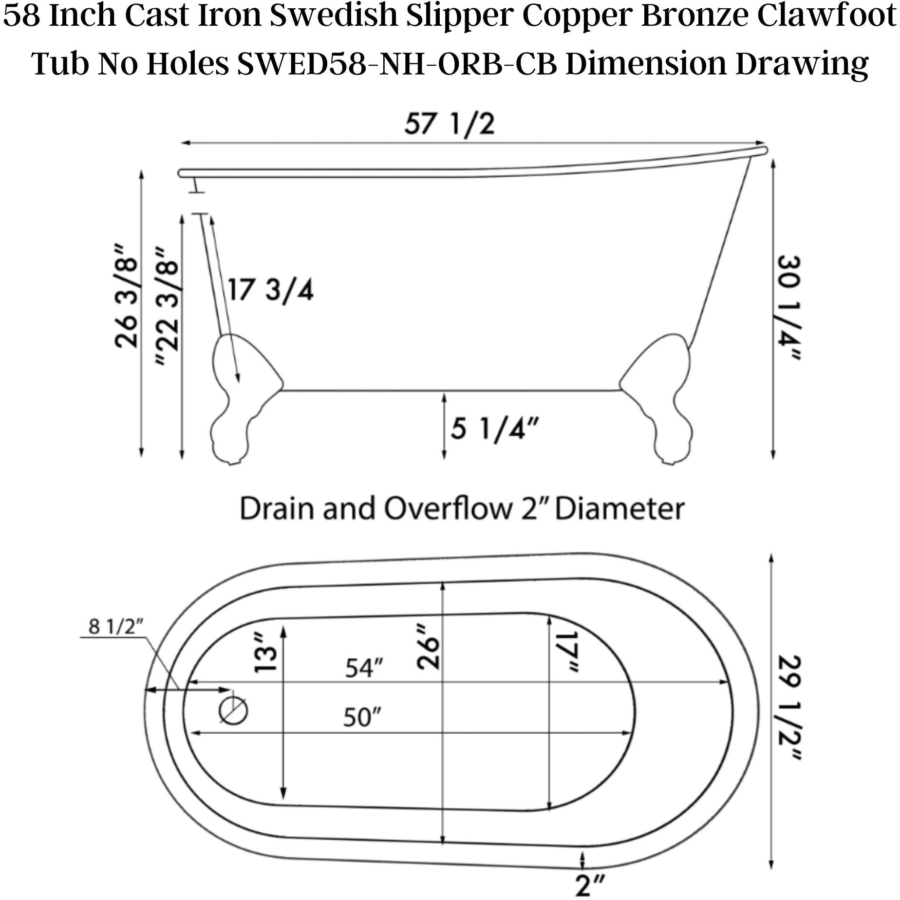 Cambridge Plumbing 58" X 30" Faux Copper Bronze Finish on Exterior Cast Iron Clawfoot Bathtub (Hand Painted Faux Copper Bronze Finish) with Oil Rubbed Bronze Feet and No Faucet Drillings SWED58-NH-ORB-CB - Vital Hydrotherapy