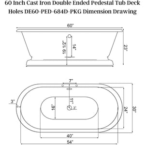 Cambridge Plumbing 60-Inch Double Ended Cast Iron Pedestal Soaking Tub Dimension Drawing