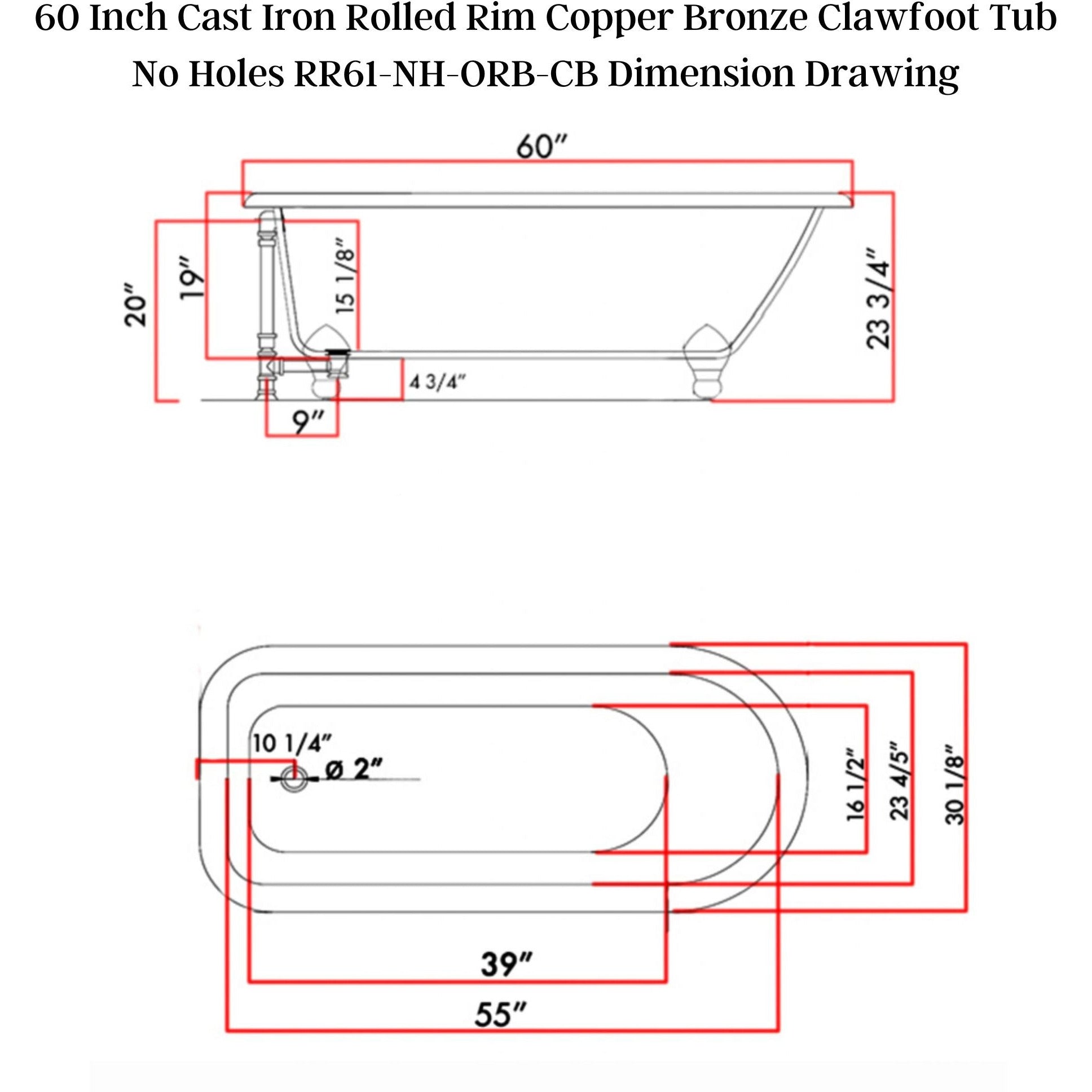 Cambridge Plumbing 61" X 30" Faux Copper Bronze Finish on Exterior Cast Iron Clawfoot Bathtub ( Hand Painted Faux Copper Bronze Finish) with Oil Rubbed Bronze Feet and No Faucet Drillings RR61-NH-ORB-CB - Vital Hydrotherapy