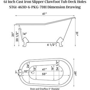 Cambridge Plumbing 61-Inch Cast Iron Slipper Clawfoot Tub Dimension Drawing