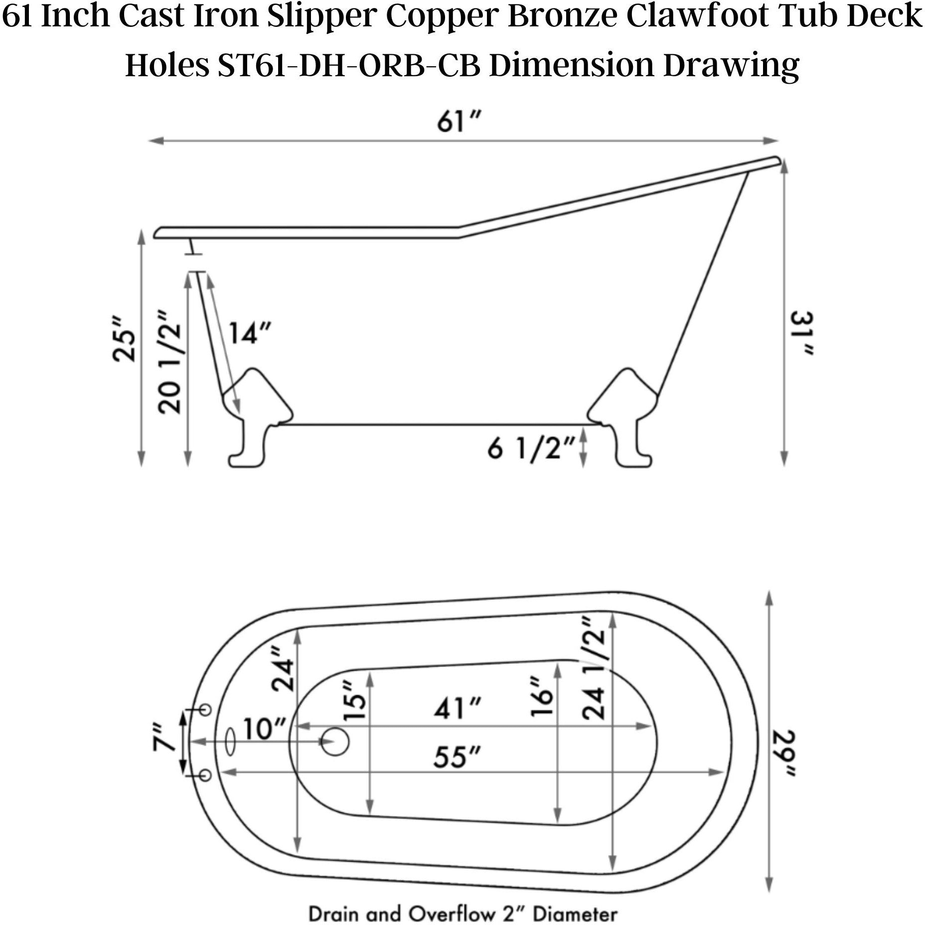 Cambridge Plumbing 61" X 30" Faux Copper Bronze Finish on Exterior Cast Iron Clawfoot Bathtub (Hand Painted Faux Copper Bronze Finish) with 7" Deck Mount Faucet Drillings and Oil Rubbed Bronze Feet ST61-DH-ORB-CB - Vital Hydrotherapy