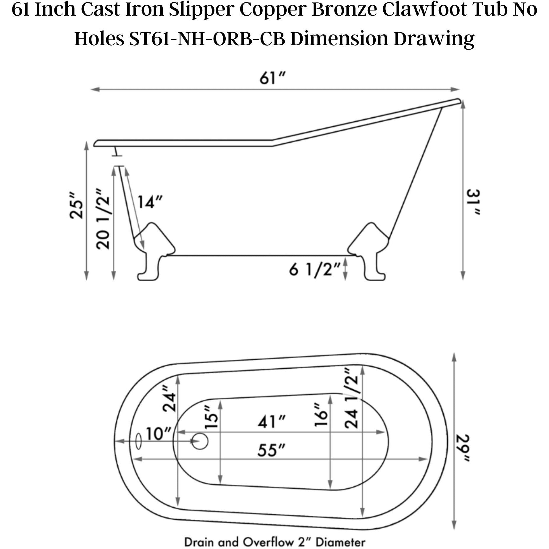 Cambridge Plumbing 61" X 30" Faux Copper Bronze Finish on Exterior Cast Iron Clawfoot Bathtub (Hand Painted Faux Copper Bronze Finish) with No Faucet Drillings and Oil Rubbed Bronze Feet ST61-NH-ORB-CB - Vital Hydrotherapy