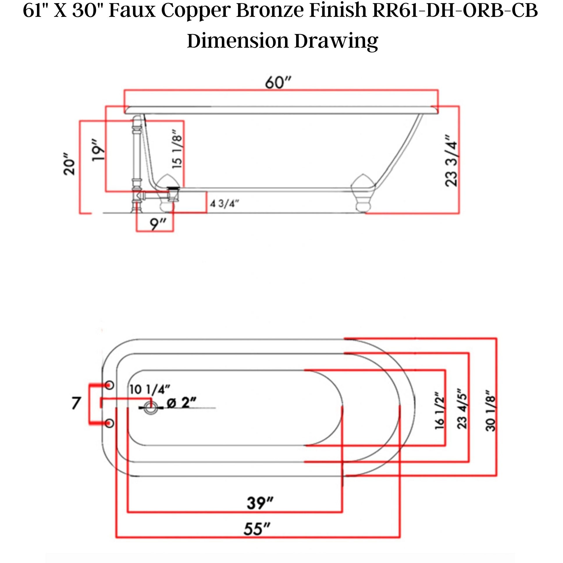 Cambridge Plumbing 61" X 30" Faux Copper Bronze Finish on Exterior Cast Iron Clawfoot Bathtub with Oil Rubbed Bronze Feet and 7" Deck Mount Faucet Drillings RR61-DH-ORB-CB - Vital Hydrotherapy