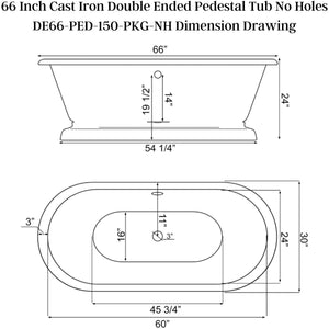 Cambridge Plumbing 66-Inch Double Ended Cast Iron Pedestal Soaking Tub Dimension Drawing