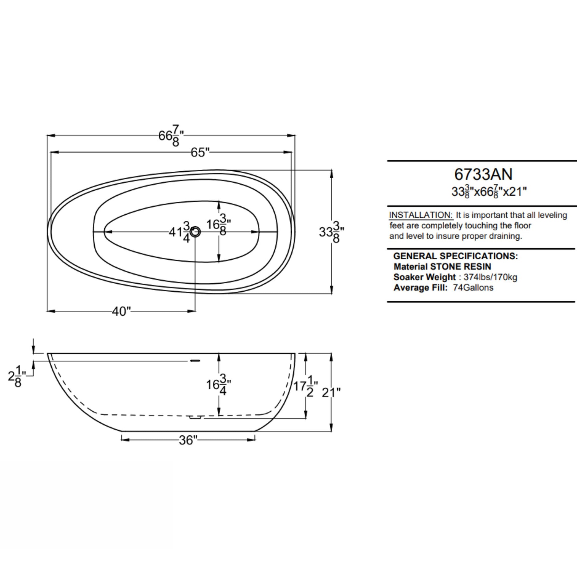 Atlantis Whirlpools Arnaud 34 x 67 Oval Shape Artificial Stone Freestanding Bathtub - Matte white finish - Center drain - Chrome finish overflow slit - 6733ANSXCWXX- Vital Hydrotherapy