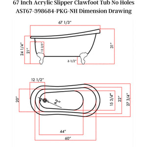 Cambridge Plumbing Slipper Acrylic Soaking Clawfoot Tub with Continuous Rim and Plumbing Package AST67-398684-PKG-NH Dimension Drawing