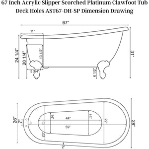 Cambridge Plumbing Slipper Hand Painted Scorched Platinum Acrylic Bathtub - Dimension Drawing - Vital Hydrotherapy