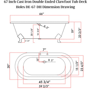 Cambridge Plumbing 66-Inch Double Ended Cast Iron Soaking Clawfoot Tub Dimension Drawing