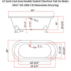 Cambridge Plumbing 67”x30" Faux Copper Bronze Finish on Exterior Cast Iron Clawfoot Bathtub - Dimension Drawing - Vital Hydrotherapy