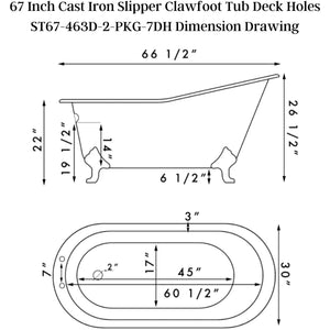 Cambridge Plumbing 67-Inch Slipper Cast Iron Clawfoot Tub Dimension Drawing