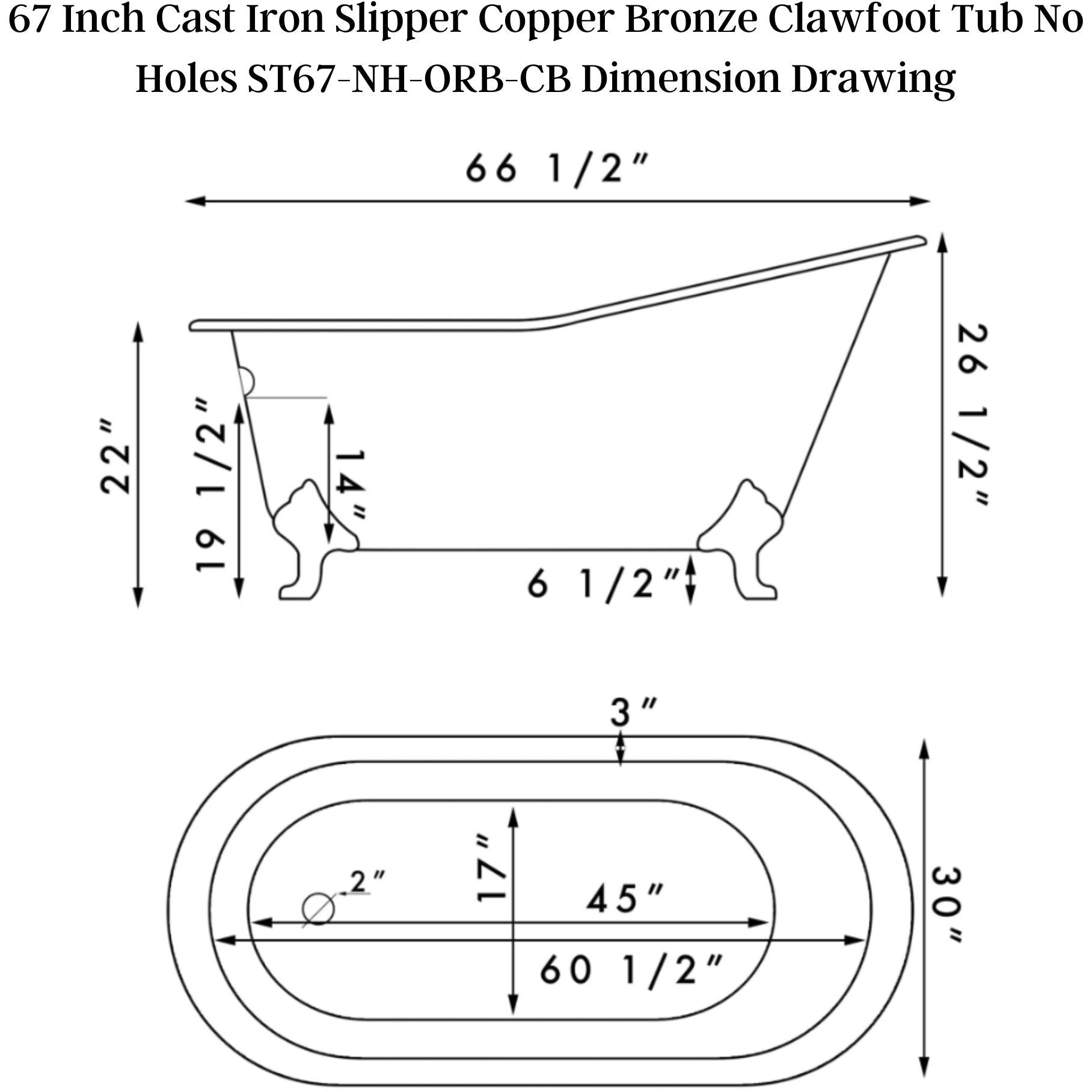 Cambridge Plumbing 67" X 30" Faux Copper Bronze Finish on Exterior Cast Iron Clawfoot Bathtub (Hand Painted Faux Copper Bronze Finish) with Oil Rubbed Bronze Feet and No Faucet Drillings ST67-NH-ORB-CB - Vital Hydrotherapy