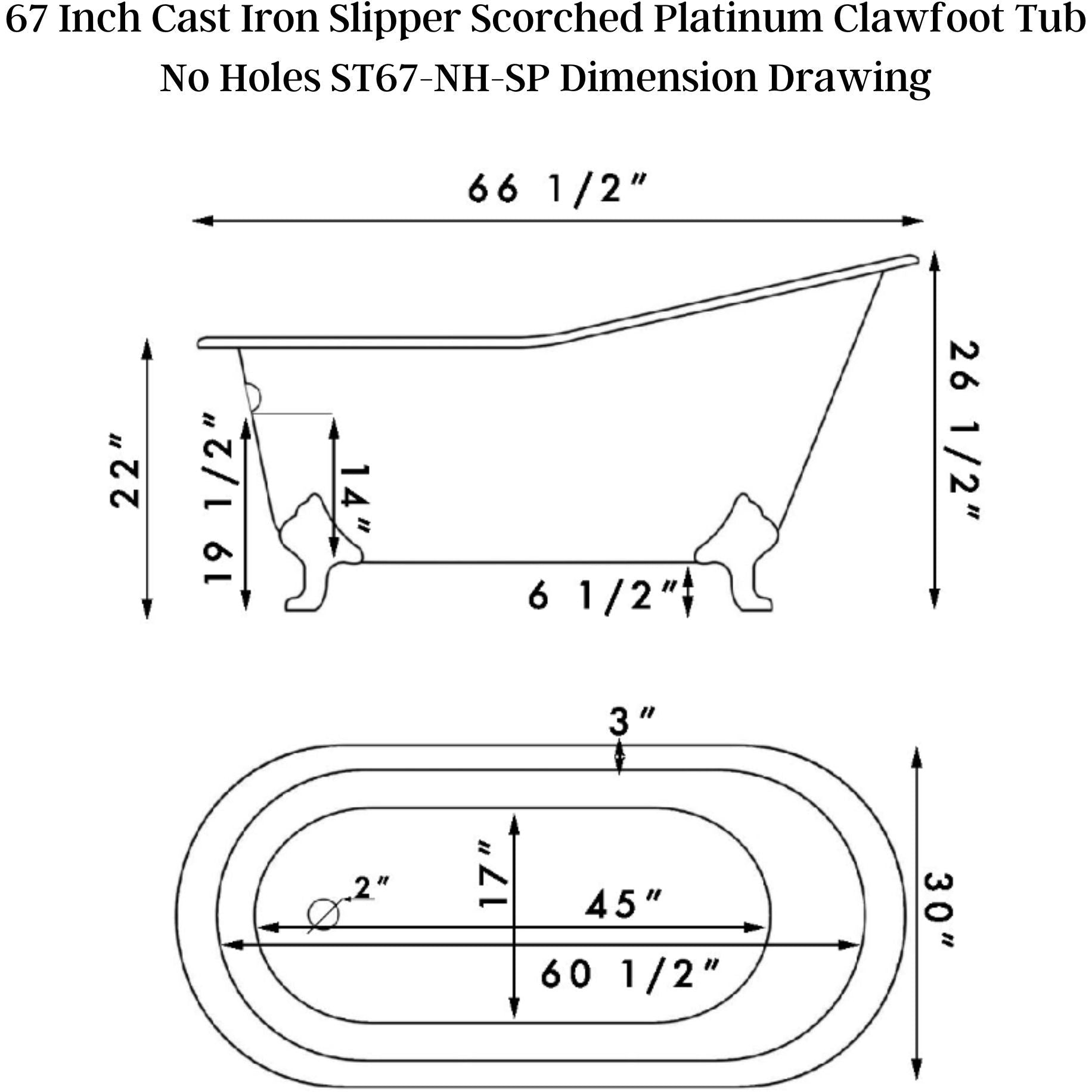 Cambridge Plumbing 67” x 30” Slipper Scorched Platinum Cast Iron Bathtub with Ball and Claw Feet (Brushed Nickel) and No Faucet Holes and  ST67-NH-SP - Vital Hydrotherapy