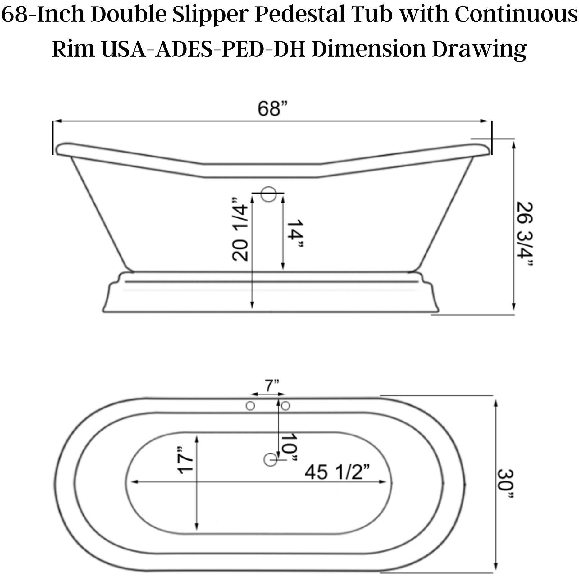 Cambridge Plumbing USA Quality 68-Inch Double Slipper Pedestal Tub (Gloss white) with Continuous Rim USA-ADES-PED-DH - Vital Hydrotherapy