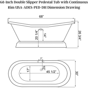 Cambridge Plumbing USA Quality 68-Inch Double Slipper Pedestal Tub with Continuous Rim USA-ADES-PED-DH - Dimension Drawing - Vital Hydrotherapy