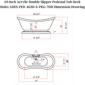 Cambridge Plumbing Double Slipper Acrylic Pedestal Soaking Tub (White Gloss Finish) with Complete Plumbing Package ADES-PED-463D-6-PKG-7DH - Dimension Drawing - Vital Hydrotherapy