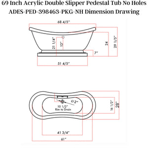 Cambridge Plumbing Double Slipper Acrylic Pedestal Soaking Tub and Complete Plumbing Package ADES-PED-398463-PKG-NH Dimension Drawing - Vital Hydrotherapy