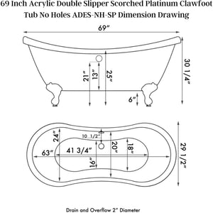 Cambridge Plumbing Double Slipper Hand Painted Scorched Platinum Acrylic Clawfoot Bathtub Dimension Drawing