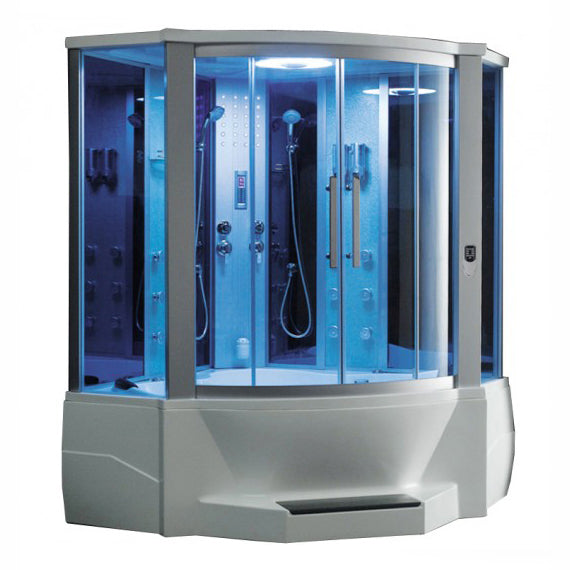 Mesa 701A Blue Glass Steam Shower Tub Combo blue tinted glass with 2 adjustable handheld shower heads, massage jets, storage shelves and an overhead LED lighting, 