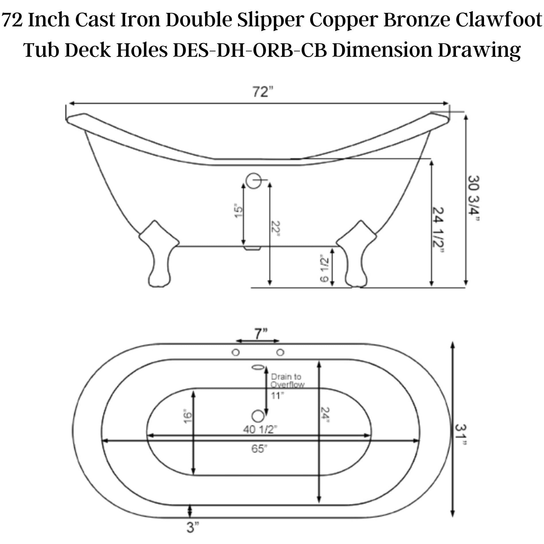 Cambridge Plumbing 71" X 30" Double Ended Cast Iron Slipper Clawfoot Tub Hand Painted Faux Copper Bronze Finish with Oil Rubbed Bronze Feet and 7" Deck Mount Faucet Drillings DES-DH-ORB-CB - Vital Hydrotherapy