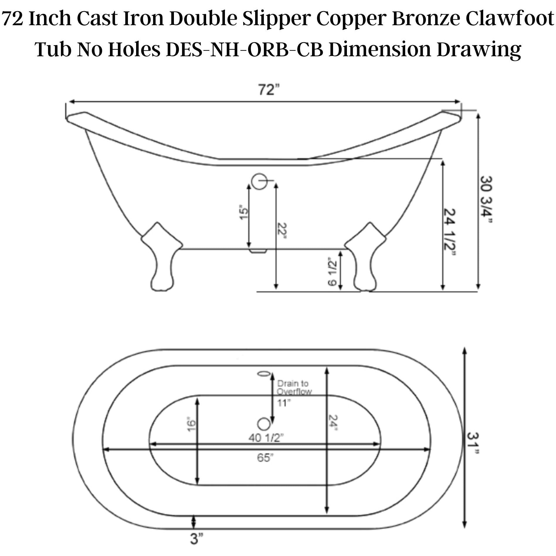 Cambridge Plumbing 71" X 30" Double Ended Cast Iron Slipper Clawfoot Tub Hand Painted Faux Copper Bronze Finish with Oil Rubbed Bronze Feet and No Faucet Drillings DES-NH-ORB-CB - Vital Hydrotherapy