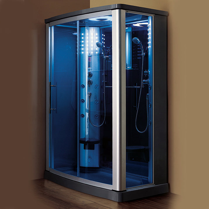 Mesa 803L Steam Shower slightly curved front, sliding glass doors, and brushed nickel trim tempered blue glass and dual interior control panels with dual shower wands, dual fold up corner seats and a blue LED lighting