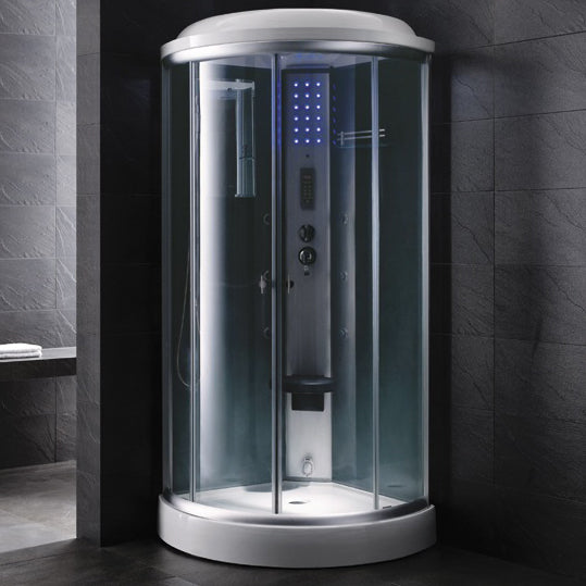 Mesa 9090K-Corner Clear Steam Shower clear curved tempered glass, nickel trim, and enclosed top with adjustable handheld shower head, FM Radio Built-In, fold-up center seat, and a storage shelves