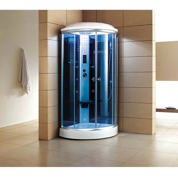 Mesa 9090K Corner Steam Shower tinted blue glass and a nickel interior control panel, chrome trim with a fold-up seat, adjustable handheld shower head, FM Radio Built-In, storage shelves and an overhead LED lighting