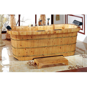 ALFI AB1130 65" 2 Person Free Standing Cedar Wooden Bathtub with Fixtures & Headrests - three electroplated iron wraps with with black and gold paint with Tub Filler, Hand Held Shower Head - 2 person capacity in the bathroom