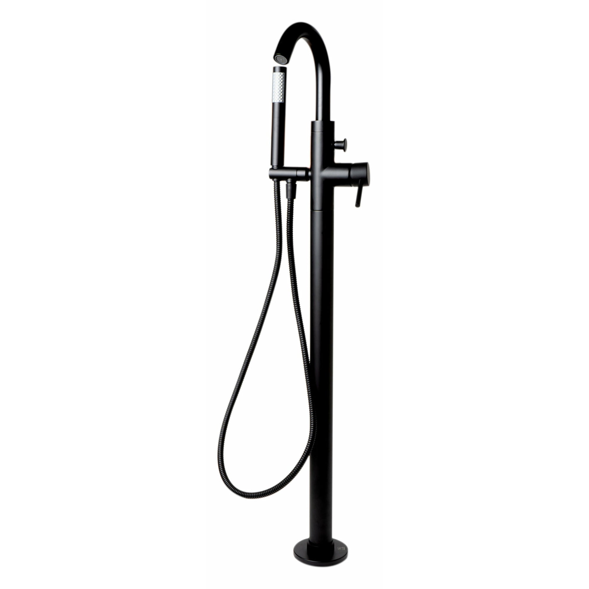 ALFI AB2534 Single Lever Floor Mounted Tub Filler Mixer with Hand Held Shower Head Solid brass construction coated with a Matte Black finish in a white background