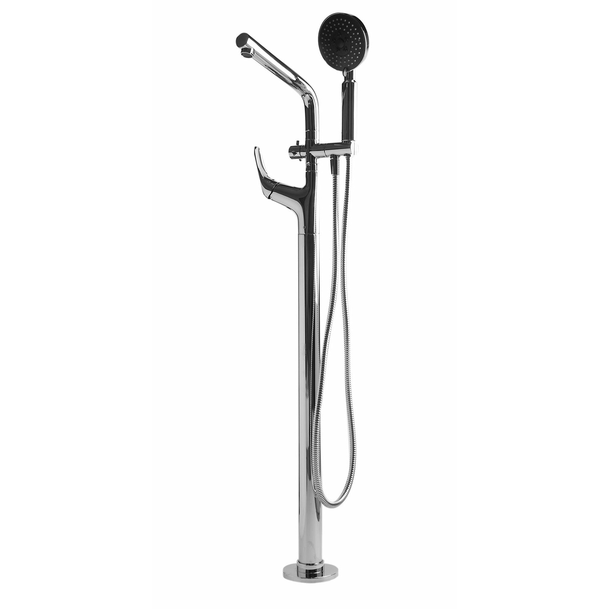 ALFI AB2758 Floor Mounted Tub Filler + Mixer /w additional Hand Held Shower Head brushed nickel in a white background