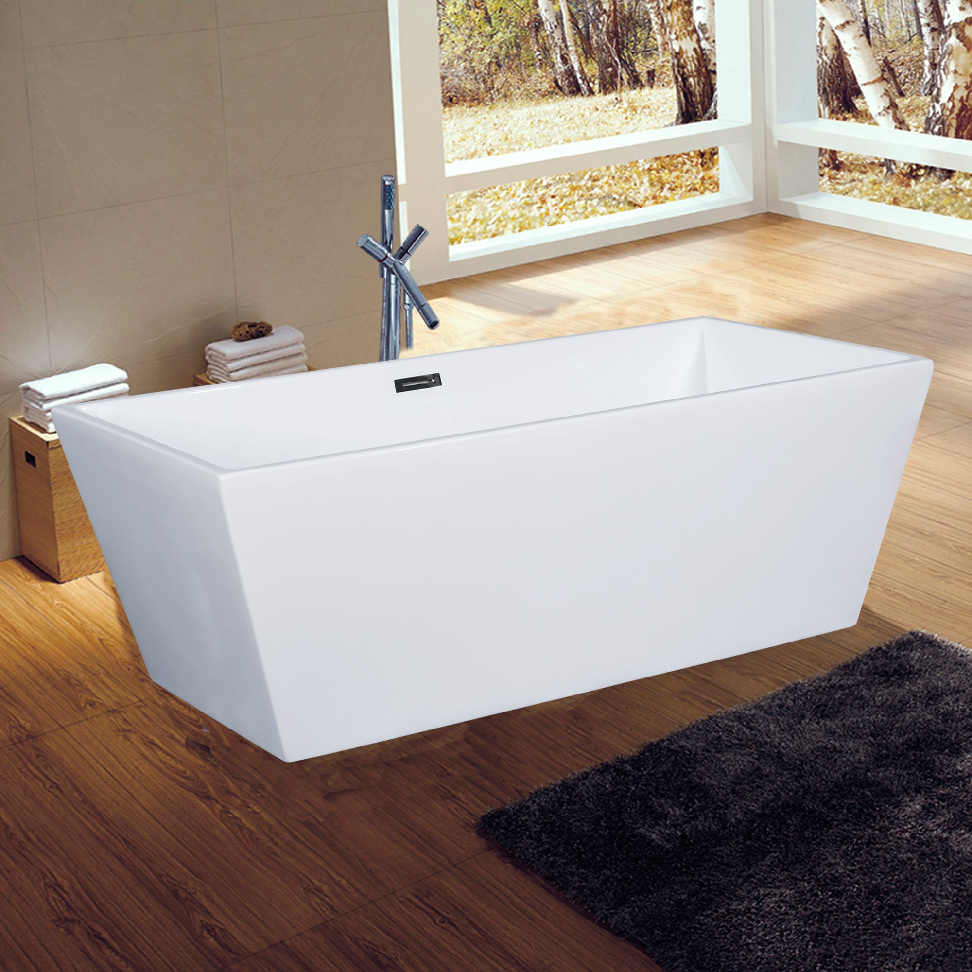 ALFI AB8833 59 inch White Rectangular Acrylic Free Standing Soaking Bathtub with polished chrome overflow, 1 person capacity in a white background