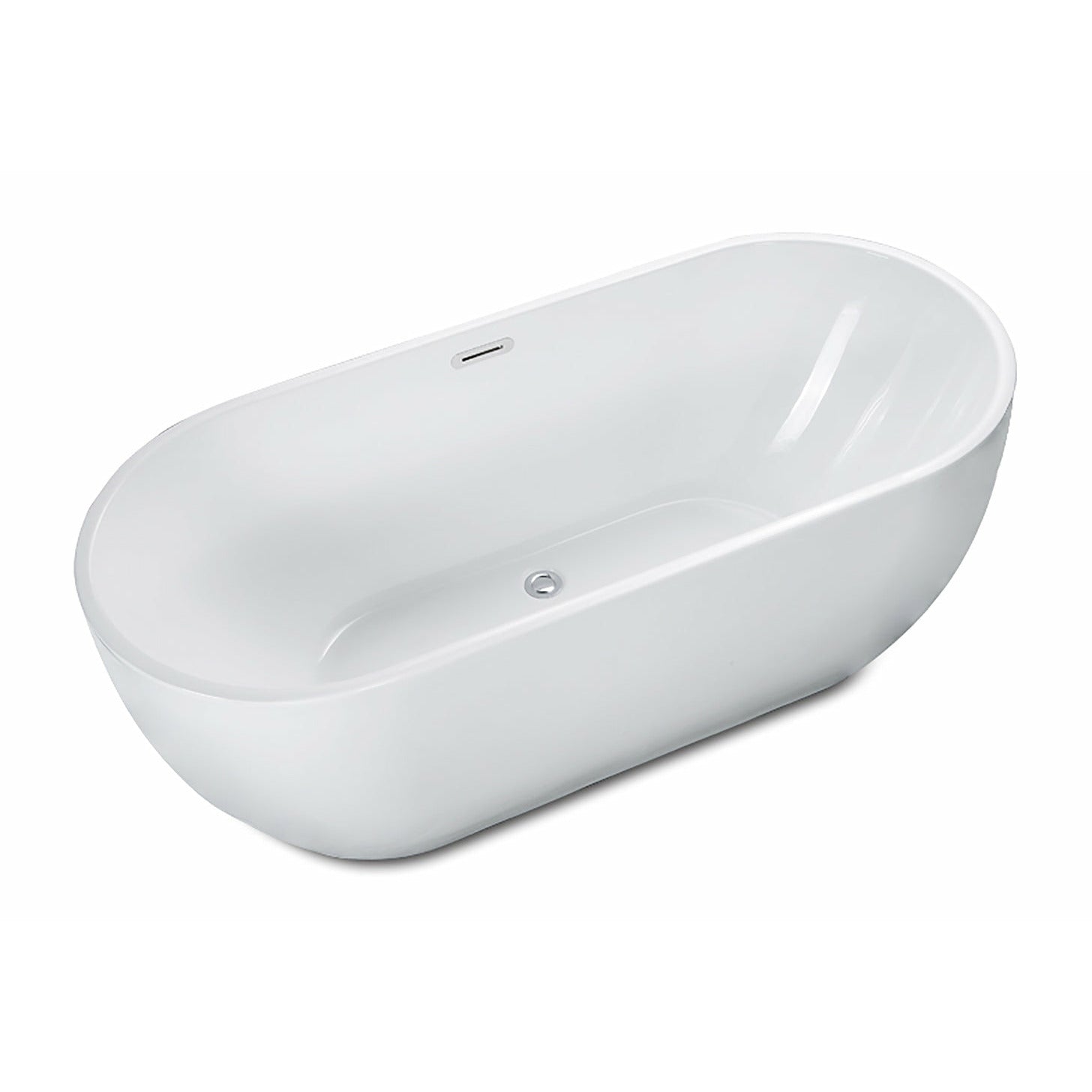 ALFI AB8839 67 inch White Oval Acrylic Free Standing Soaking Bathtub drain and polished chrome overflow in a white background, 1 person capacity, top view