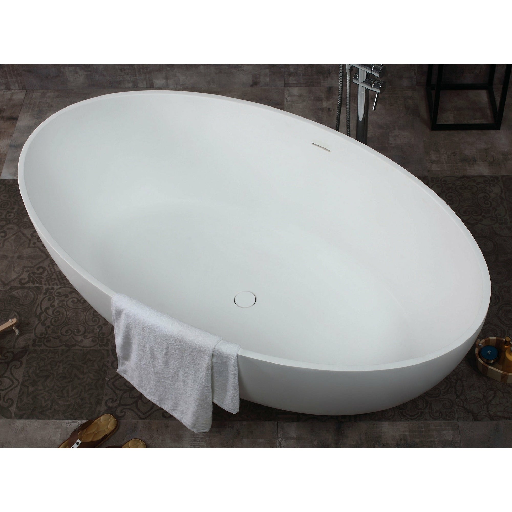 ALFI AB9941 67" White Oval Solid Surface Smooth Resin Soaking Bathtub in a white background, 1 person