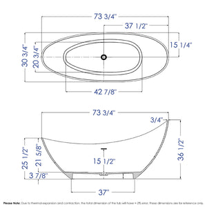 ALFI AB9951 73" White Solid Surface Smooth Resin Soaking Slipper Bathtub dimension drawing